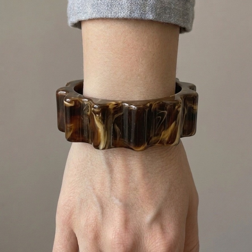 Chunky Bangle Bracelet Women Brown Marbled Scalloped Gear Shaped Stackable Resin